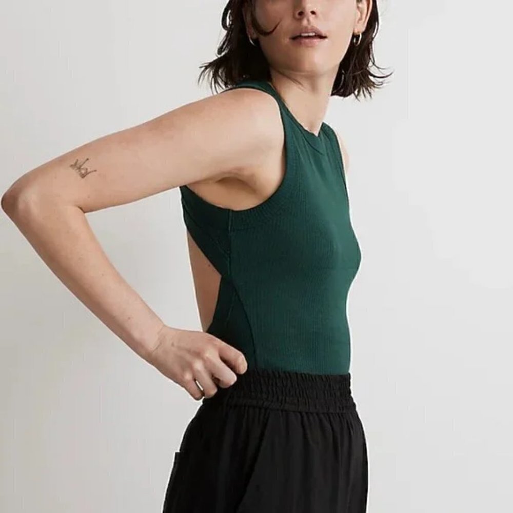 Madewell Crewneck Thong Open Back Ribbed Bodysuit Sleekhold Green Size S NWT